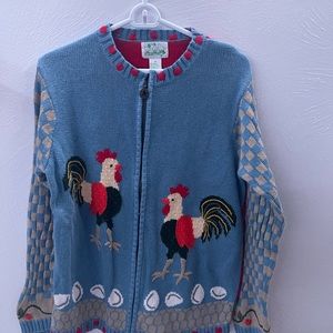 The Quacker Factory Zip Front Cardigan Chicken Barnyard Motif